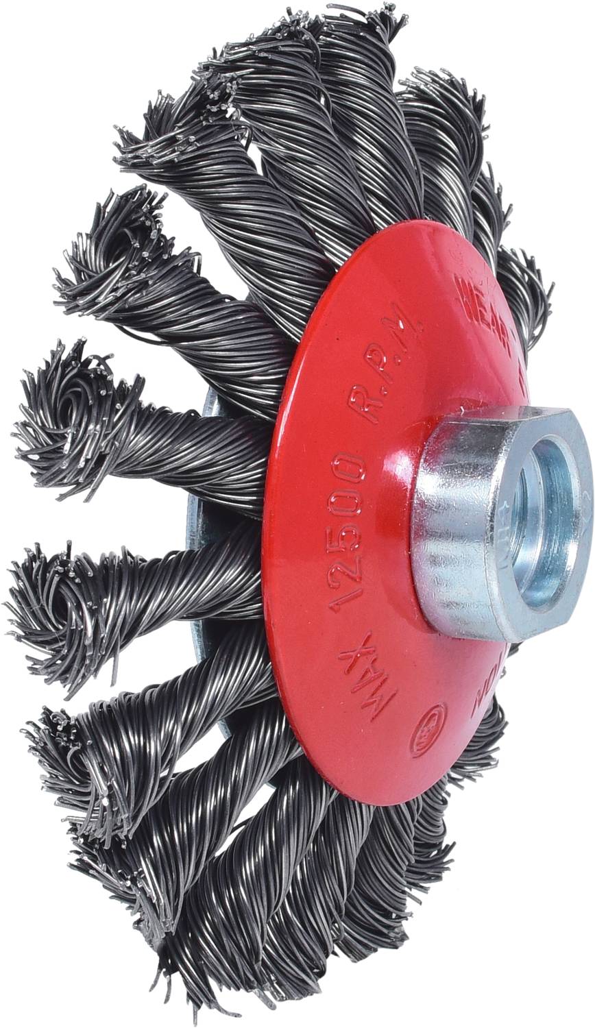 Steel wire brush with red centre, spiral bundle of wire. Used for metal cleaning or rust removal.