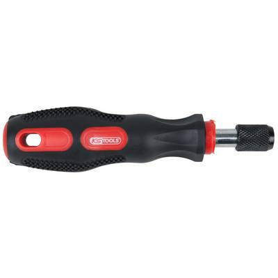 A screwdriver with a red and black handle, non-slip surface texture, and hexagonal shaft.