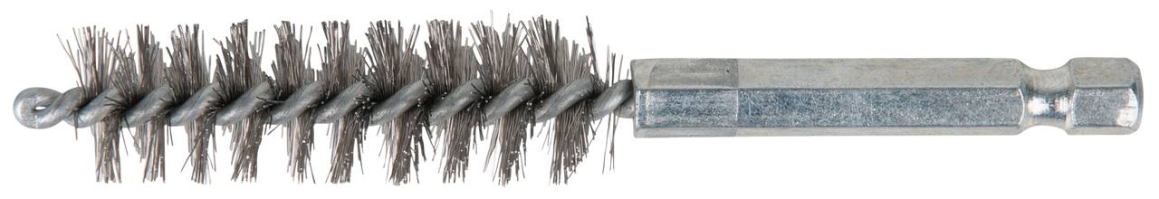 Metal brush attachment with spiral bristles and hexagonal shank, for cleaning pipes or hard-to-reach areas.