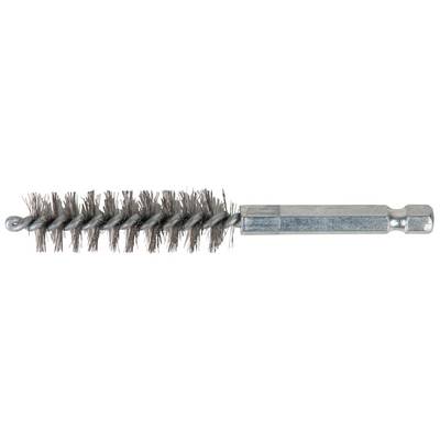 Metal brush with spiral-shaped bristles and a short handle, used for cleaning and polishing pipes or hard-to-reach areas.