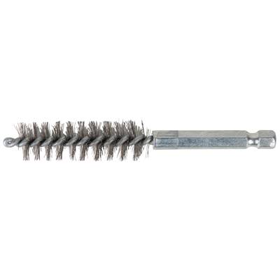 Metal brush attachment with silver-coloured bristles and a hexagonal handle, used for cleaning or grinding surfaces.