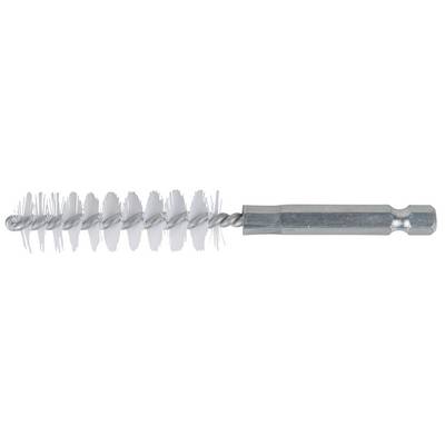 Steel wire brush with a white bristle head and metallic handle, commonly used for cleaning pipes or hard-to-reach areas.