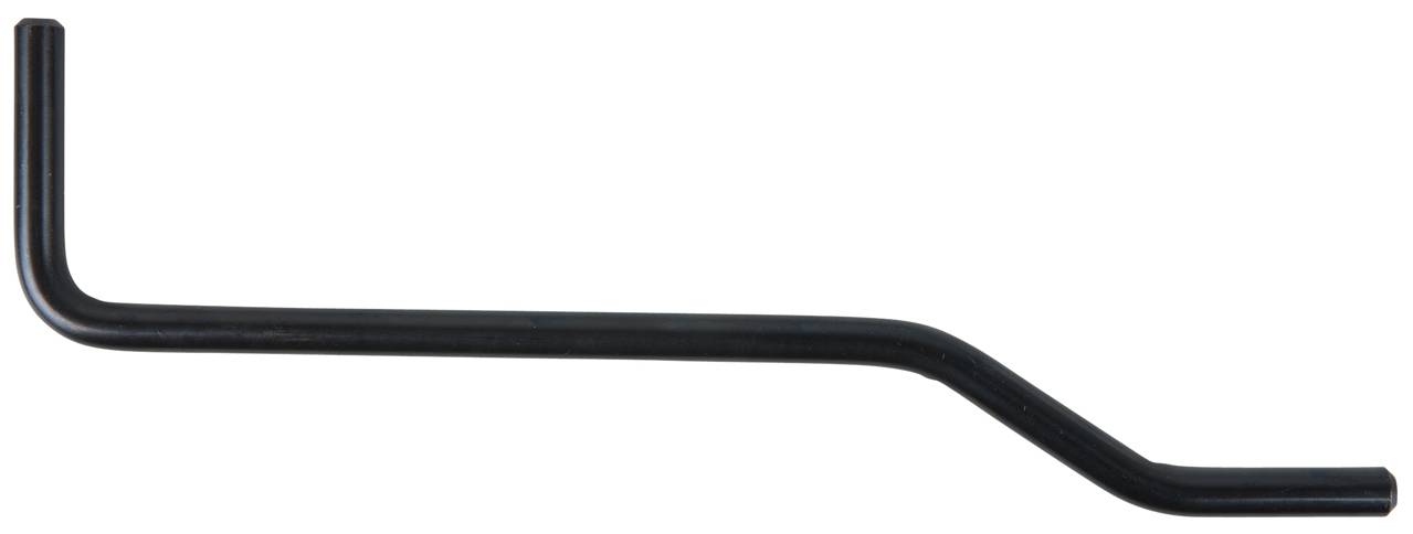 A black metal Allen key, slightly curved, is lying on a white background. A side view is shown.