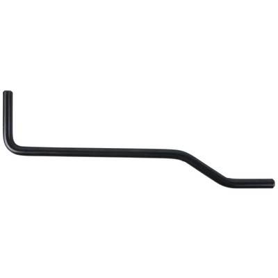 A black metal Allen key, slightly curved, is lying on a white background. A side view is shown.