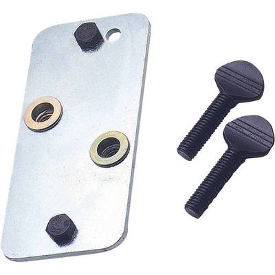 A metal plate with four holes, two black screws and two nuts on a white background.