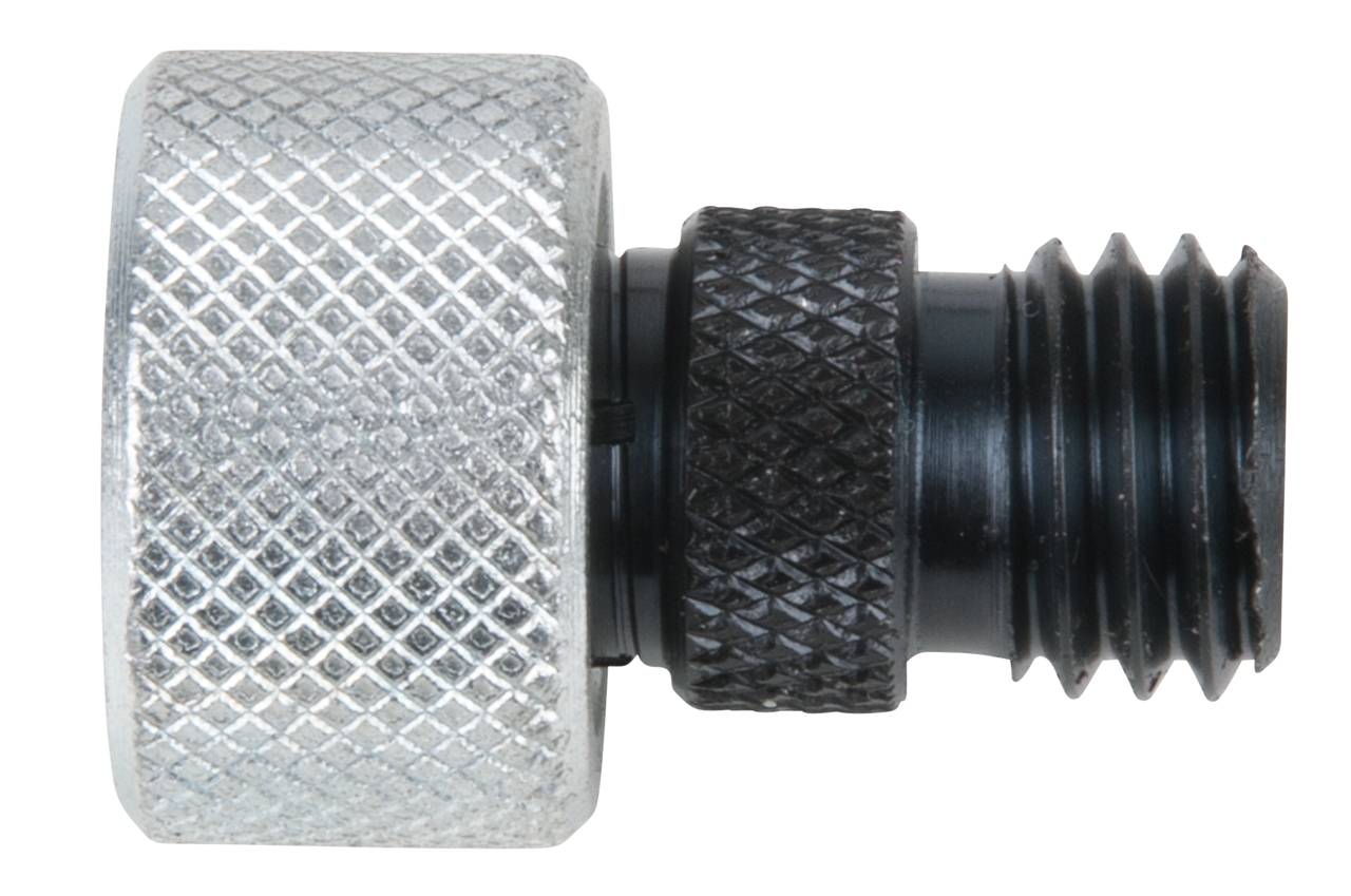 A silver tyre valve adaptor with a textured grip and a black, ridged connector. Used for inflating tyres.