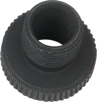 Black plastic screw with knurled edge and internal thread, used for securing components in technical applications.