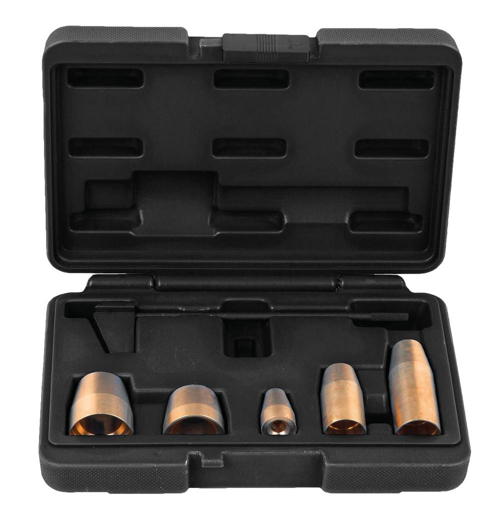 'Set of five conical bushes in a black plastic case, arranged in ascending size order.'