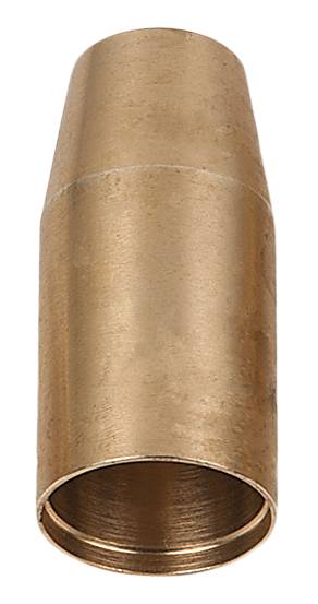 Brass mouthpiece, cylindrical in shape, used for wind instruments. Smooth, polished surface.