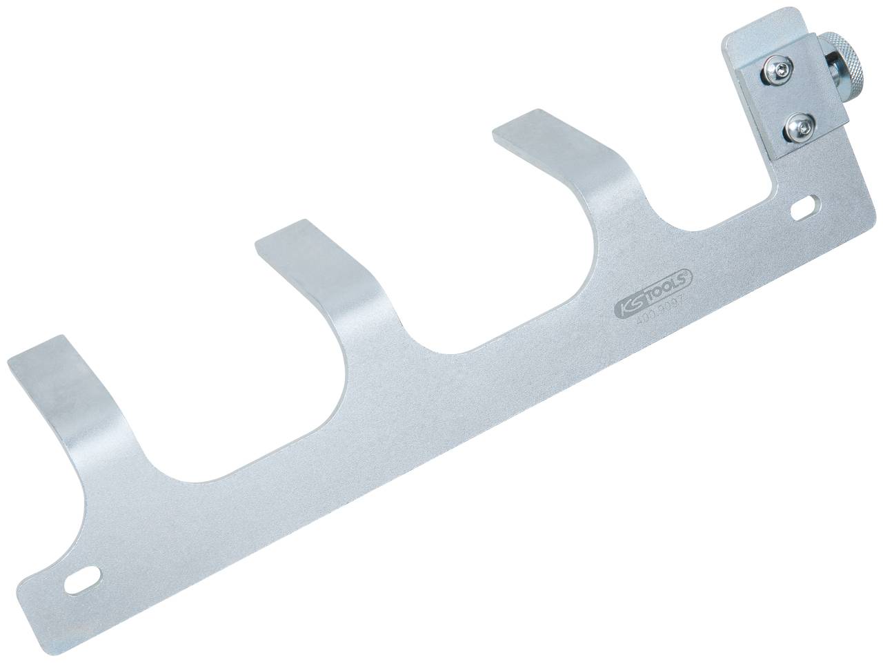 Metallic tension tester for timing belts with three curved hooks and a rotary knob, used for secure tension monitoring.