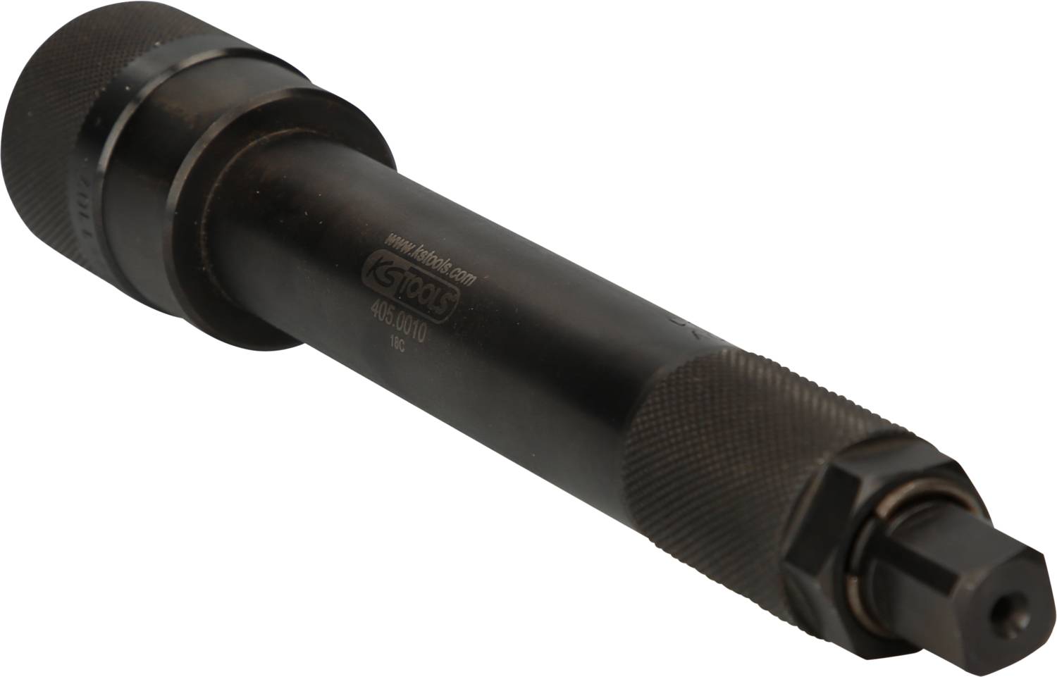 A black, cylindrical tool with a ribbed handle and hexagonal connector. Suitable for tightening or loosening screws.