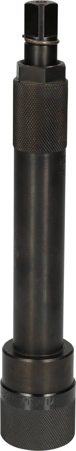 A black metal tool, cylindrical in shape with ridged handles. Used for tightening or loosening large nuts or bolts.