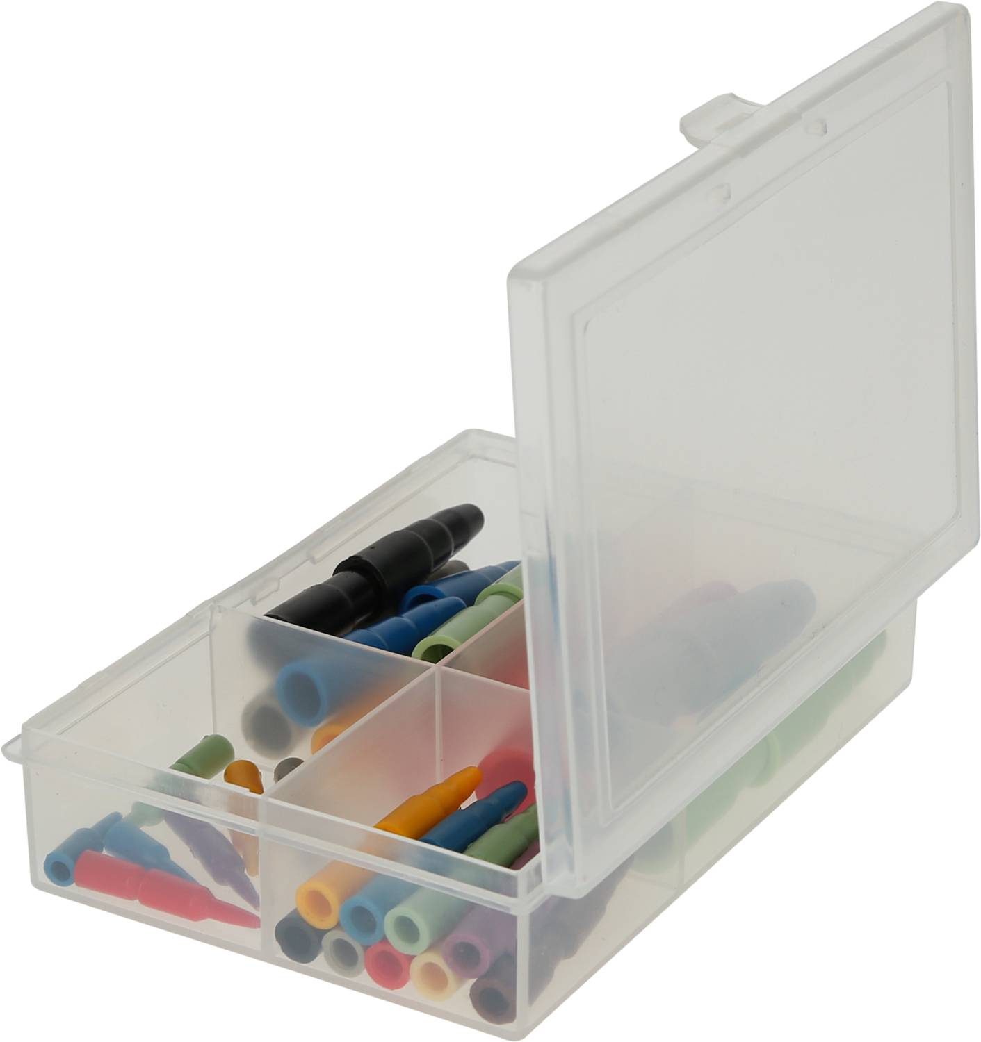 Transparent plastic box with an open lid, filled with colourful cable lugs in various colours and sizes, sorted into compartments.