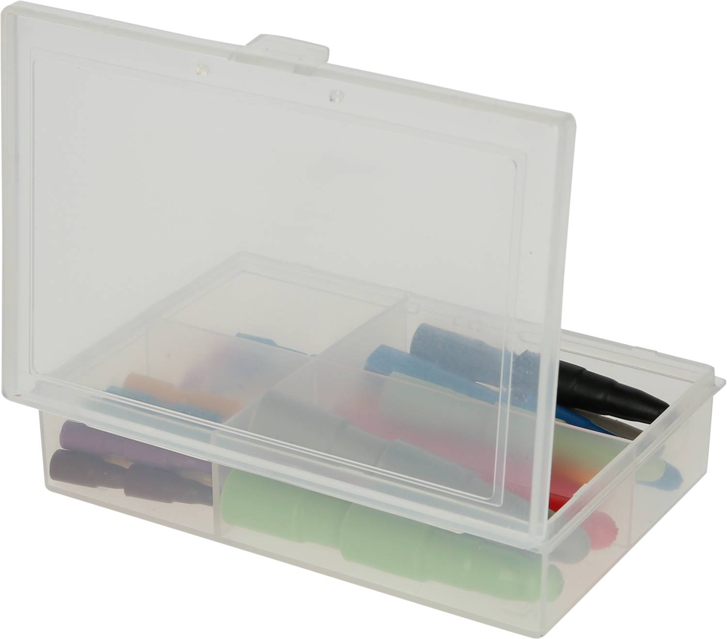Transparent storage box with an open lid, filled with colourful cable connectors in separate compartments.