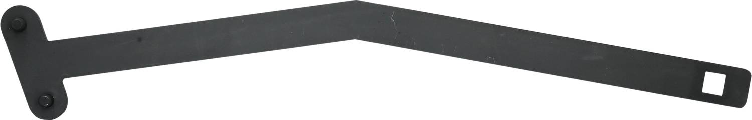 Metal reinforcement with two screw holes on the left and a square hole on the right. Suitable for securing structures.