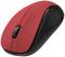 Red and black computer mouse with scroll wheel, side view.