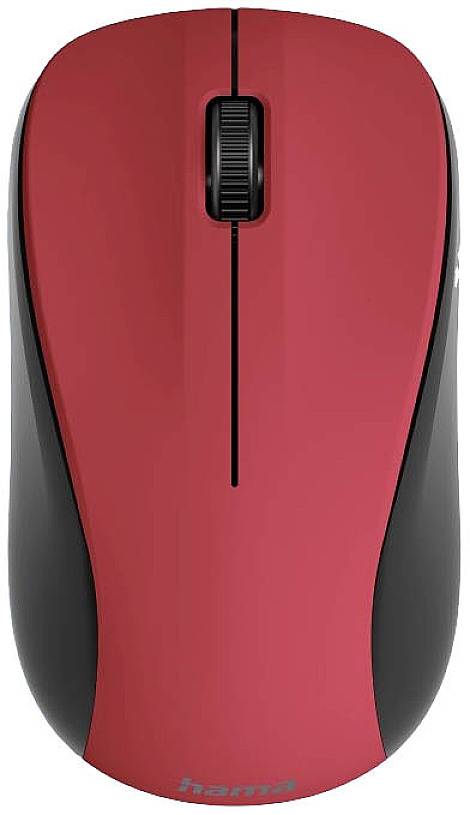 Rot and black wireless mouse with scroll wheel, suitable for computer use.