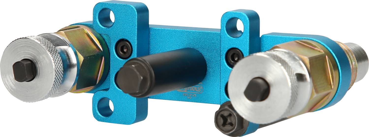 Metallic blue injection nozzle with two valves and black connectors, used in vehicle engines for fuel injection.