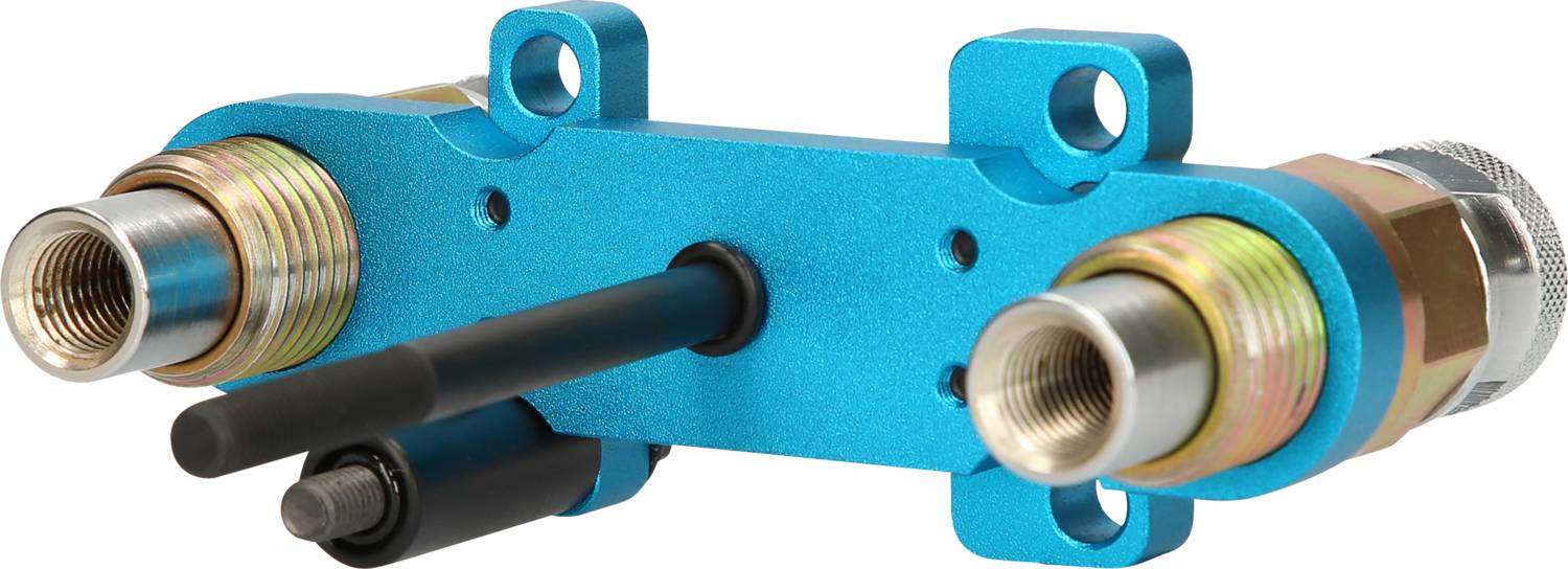 Blue, metallic component with two threaded connections and two black cables, possibly part of a technical device.