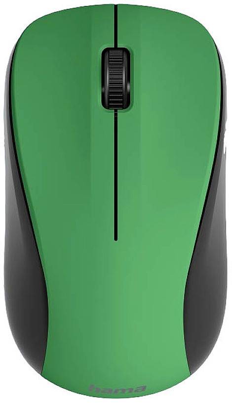 Green wireless computer mouse with a black border and a scrollable wheel in the middle.