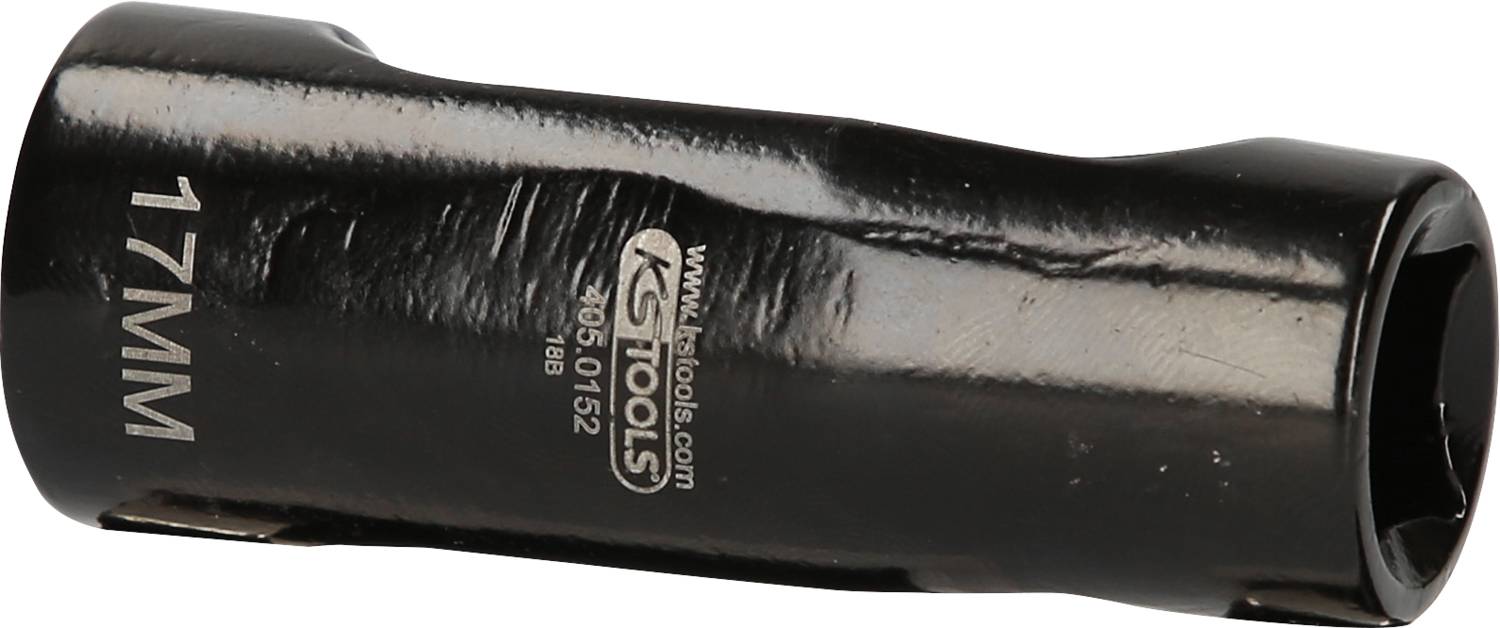 Black socket wrench with '17 mm' inscription, used for loosening or tightening screws and nuts in corresponding sizes.