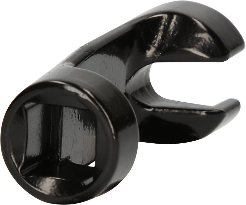 Black tool with open and closed ends, suitable for tightening or loosening hexagonal nuts and bolts.