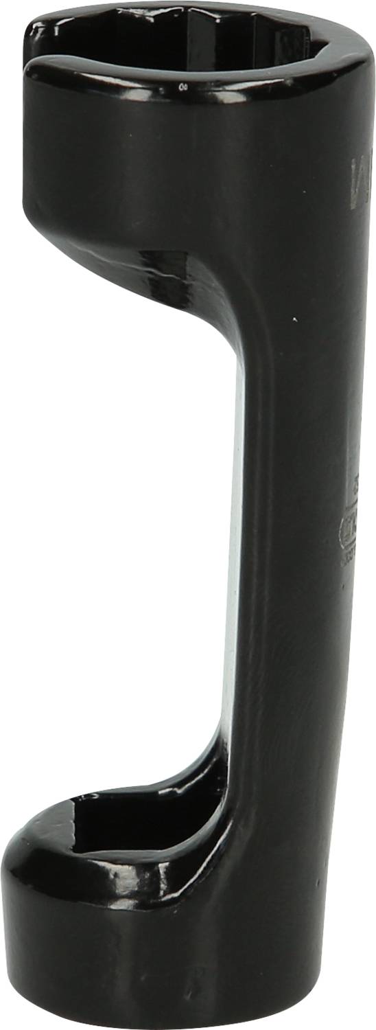 A long, black spanner with a round head. It is probably suitable for specialist screw connections.