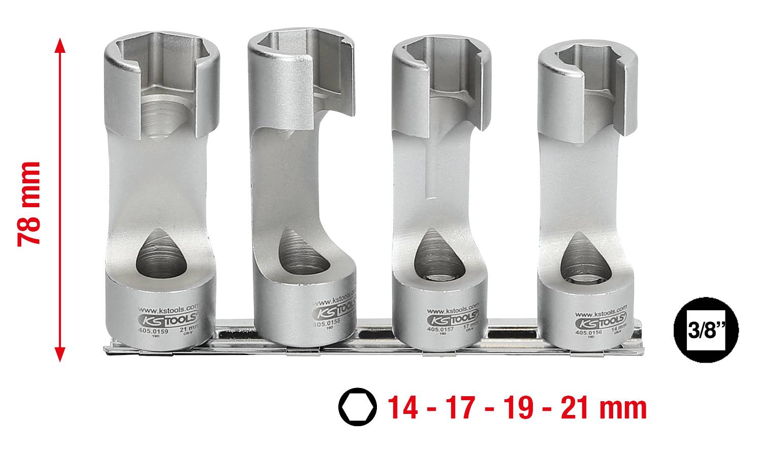 'Four silver tubular socket inserts on a rail, size 14 - 21 mm. Height 78 mm. Compatible with 3/8 inch drive.'