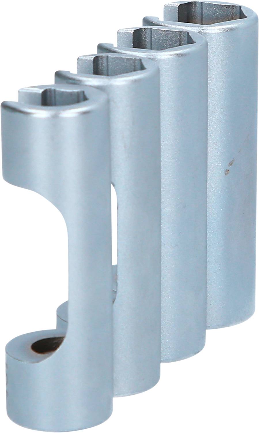 A silver metal piece with four curved, hollow sections. Potentially a tool or machine component.