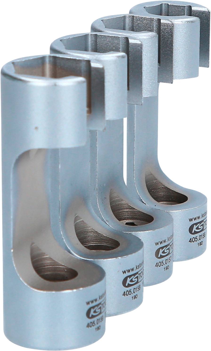 Four silver, repeating metal tools arranged vertically in a row. Each has engraved characters.