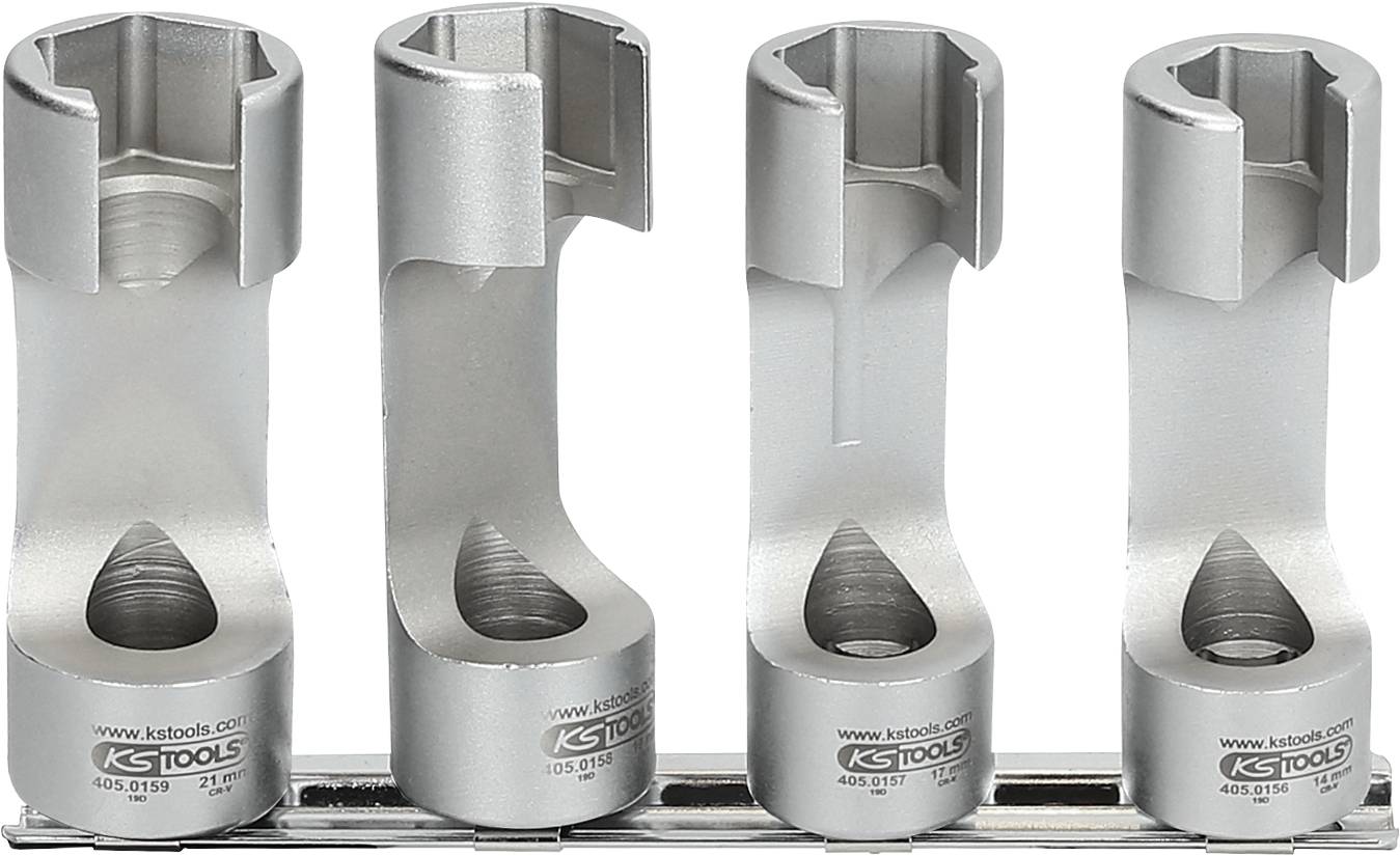 Four socket key inserts of different sizes in a silver holder, used for maintenance or repair of hydraulic lines.