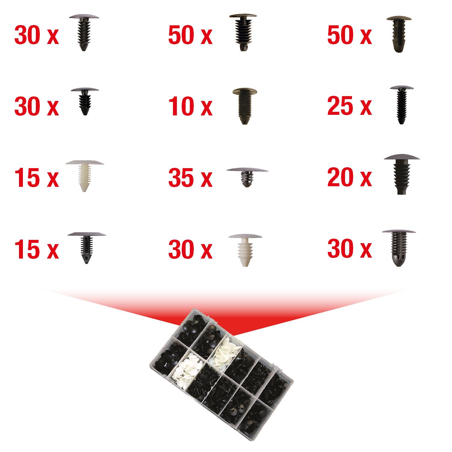 'Quantity and types of 10 different plastic rivets sorted: 50x, 30x, 25x, 20x, 15x, 10x; rivets shown in various shapes.'
