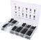 Plastic storage box with compartments filled with various black and white plastic fixings; lid displays sizes and type overview.