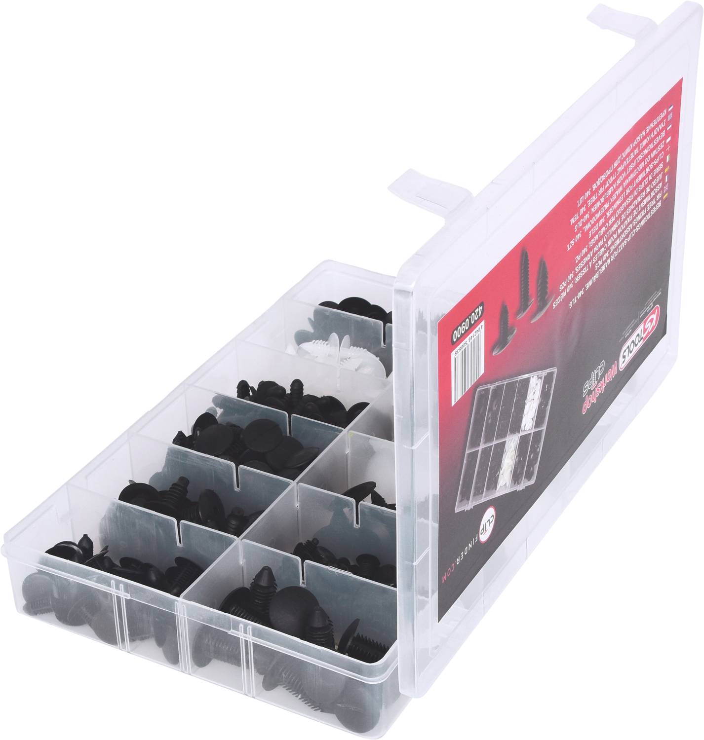 A plastic container with multiple compartments, containing various black plastic fixing parts.