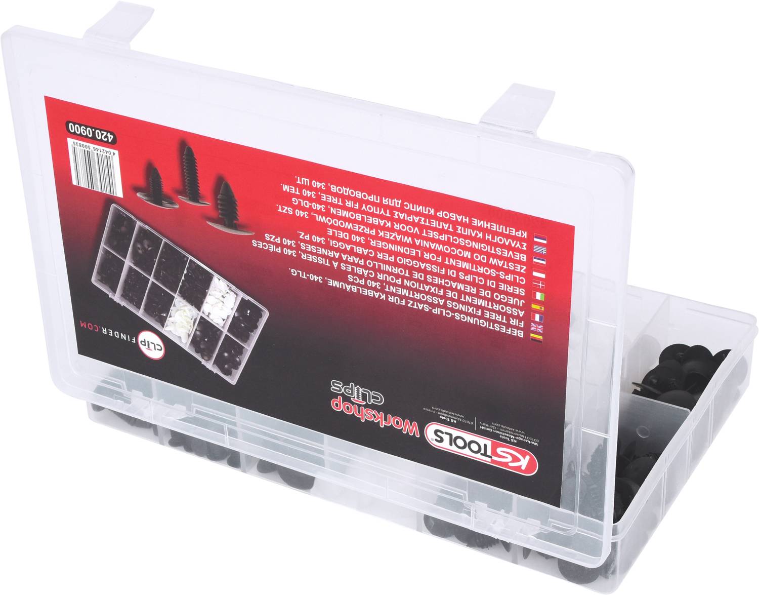 Transparent plastic box labelled 'KS TOOLS Workshop Clips', containing various black clips.