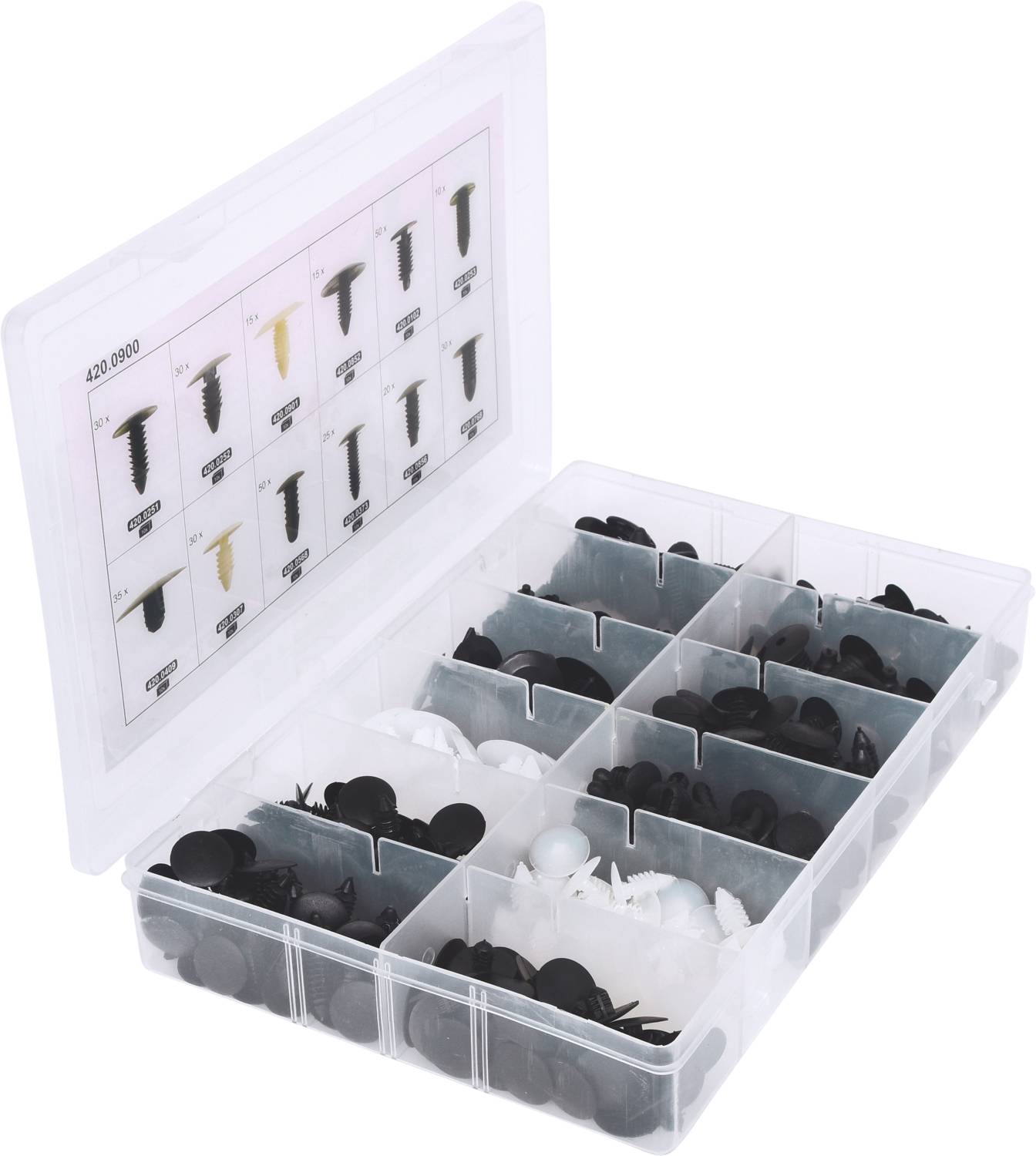 An opened plastic storage case with various black and white fastening elements in separate compartments.