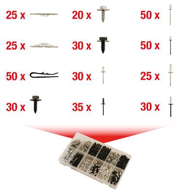 Plastic and Metal Screw Set, sorted in a box. Contains various screw types and quantities, e.g., '25 x' to '50 x'.