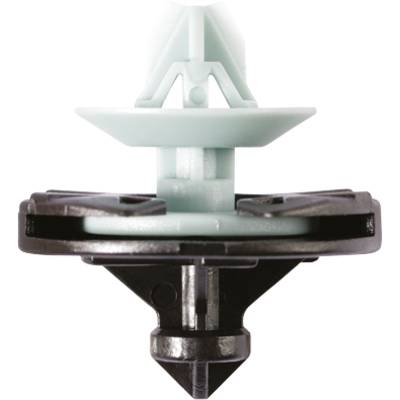 A black plastic connecting pin with a grey mounting clip, likely used for installing vehicle components.