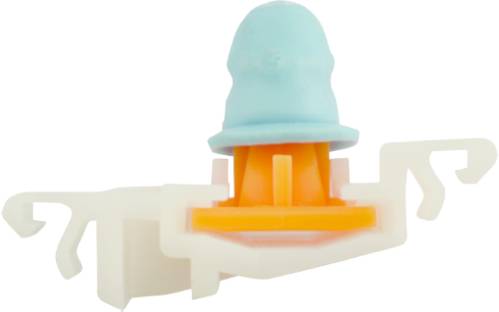 A small white plastic component with a blue cap and orange insert, likely a connecting element or mounting bracket.