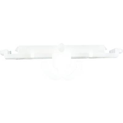 A white, rectangular plastic component with a hook, which may potentially serve as a fixing or mounting element.