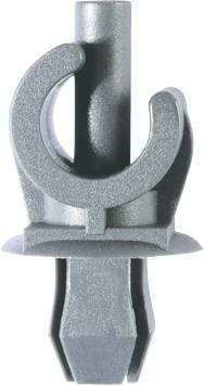 A grey plastic mounting element with a round clamp at the top and a flat, pointed end at the bottom. Used for fastening.