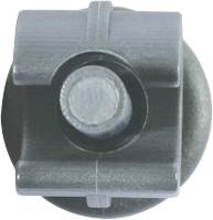 Grey plastic wheel viewed from above, centrally positioned, with visible axle and mounting bracket.