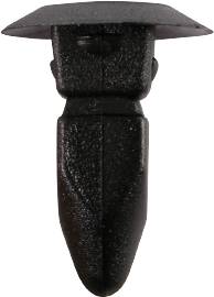 A black plastic clip with a rectangular head and a pointed end, likely a fastening element for cars or furniture.