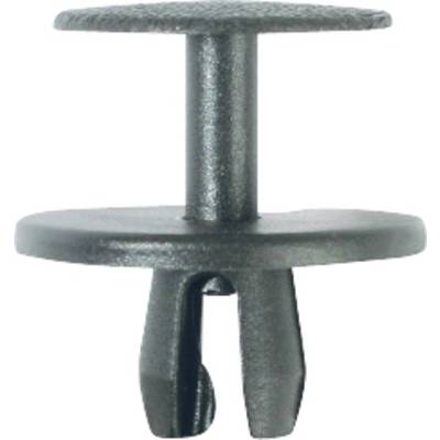 Black plastic rivets with a round head and splayed end. They are frequently used for securing components in automobiles.