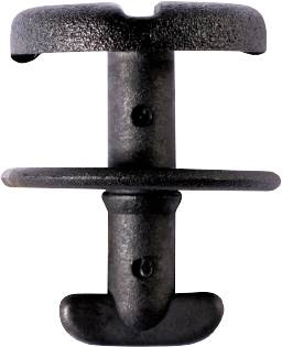 A black plastic fastening component with a clip mechanism and two horizontal struts. It is frequently used for attachment in motor vehicles.
