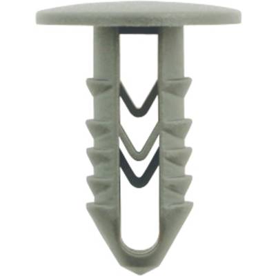 A grey plastic wall plug with V-shaped wings and a round head, suitable for fixing materials to walls.