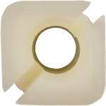 A white square object with a central round hole. It has curved edges and a smooth, uniform appearance.