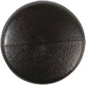 Black, round plastic button, slightly glossy, with a subtle raised centre and smooth surface.
