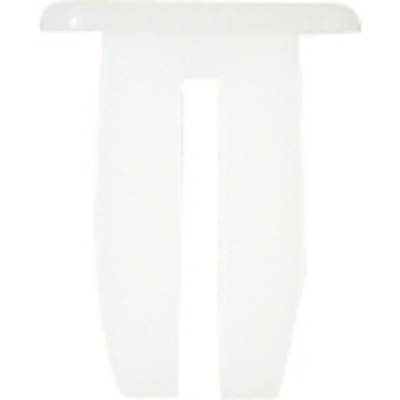A white plastic cable tie in a T-shape with two straight strips running downwards.