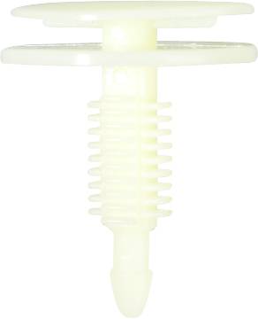 A white plastic fixing plug with a ribbed structure and two round, flat discs at the ends, set against a white background.